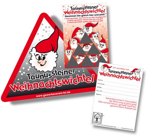 Idee und Konzeption für 
eine Weihnachtsaktion des
Taunussteiner Einzelhandels,
im Bild Fensteraufkleber und Rubbellos
